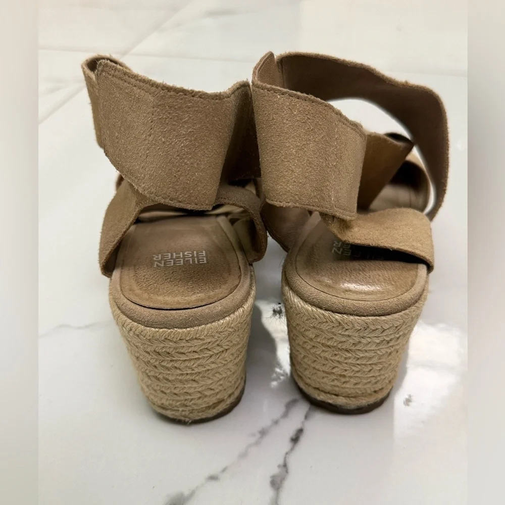 Eileen Fisher Tan Wedge Sandals with Elastic Straps Size 8 1/2